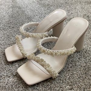 Pearl Strappy Open Square Toe Slip-on Block Heels Backless Mules Shoes